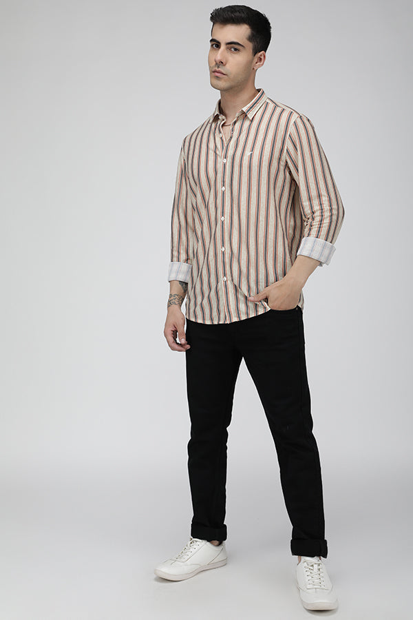 Beige knitted vertical stripe stretch shirt