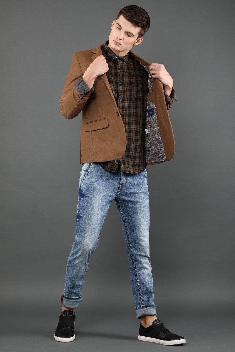 Lapel Collared Solid Khaki Knitted Blazer