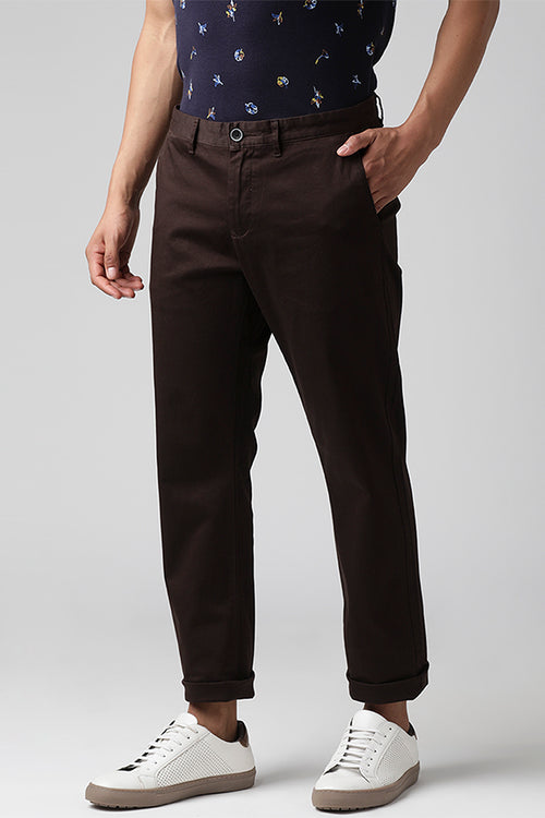 Brown Satin Textured Slim Fit Stretch Solid Trouser