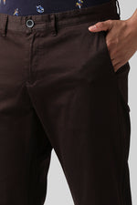 Brown Satin Textured Slim Fit Stretch Solid Trouser