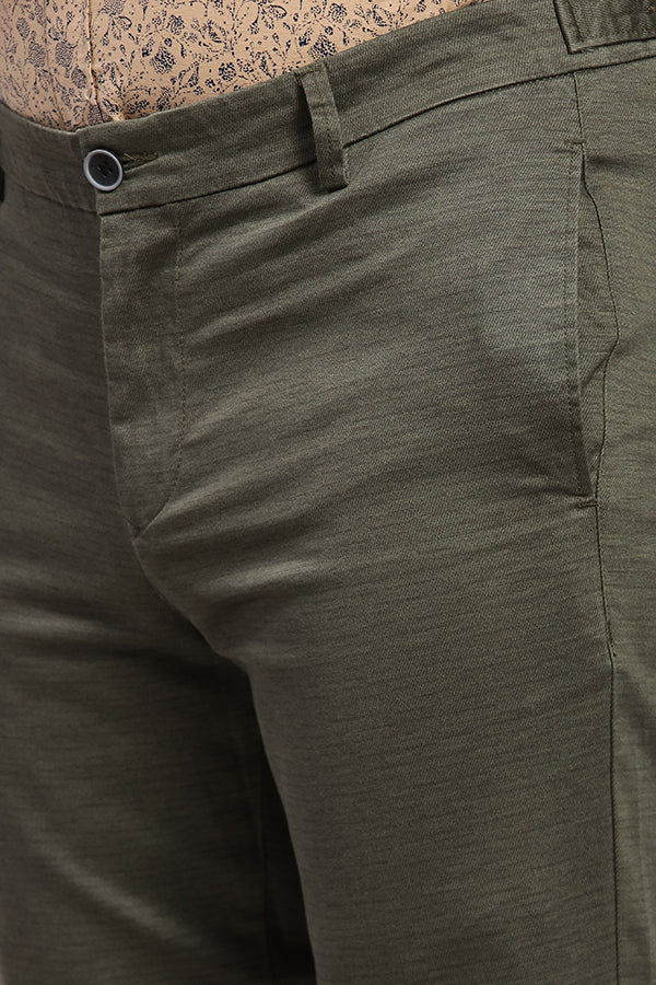 Olive Green Stretch Textured Printed Trouser