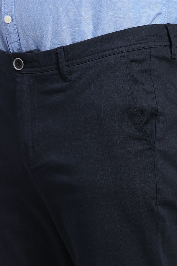 Blue Windowpane Check Print Stretch Textured Trouser