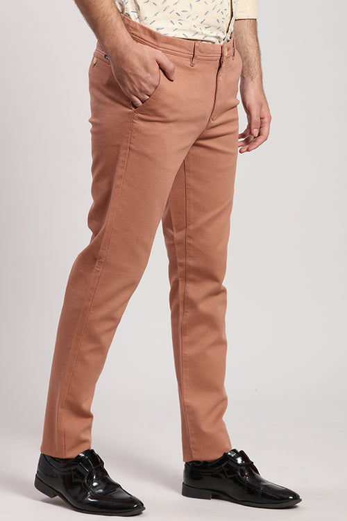 Light Brick Solid Stretch Textured Trouser