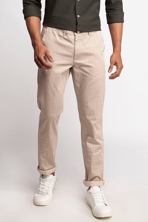 Beige Stretch Textured Micro Checks Printed Trouser