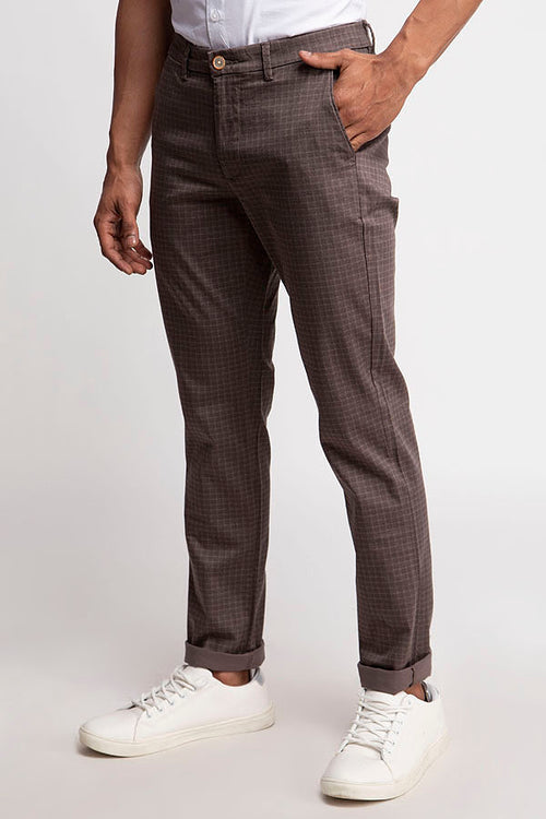 Dark Grey Stretch Textured Micro Checks Printed Trouser