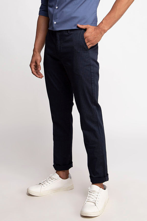 Navy Stretch Textured Micro Checks Printed Trouser