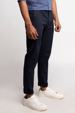 Navy Stretch Textured Micro Checks Printed Trouser