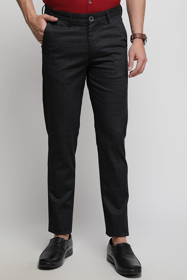 Black Stretch Printed Textured Check Trouser
