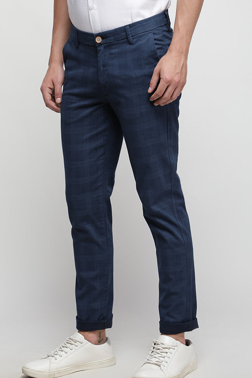 Navy Stretch Printed Textured Check Trouser