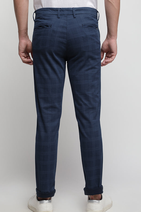 Navy Stretch Printed Textured Check Trouser
