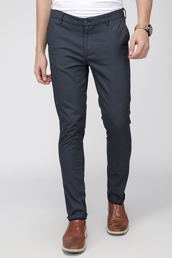 Navy Super Slim Fit Printed Stretch Cotton Trouser