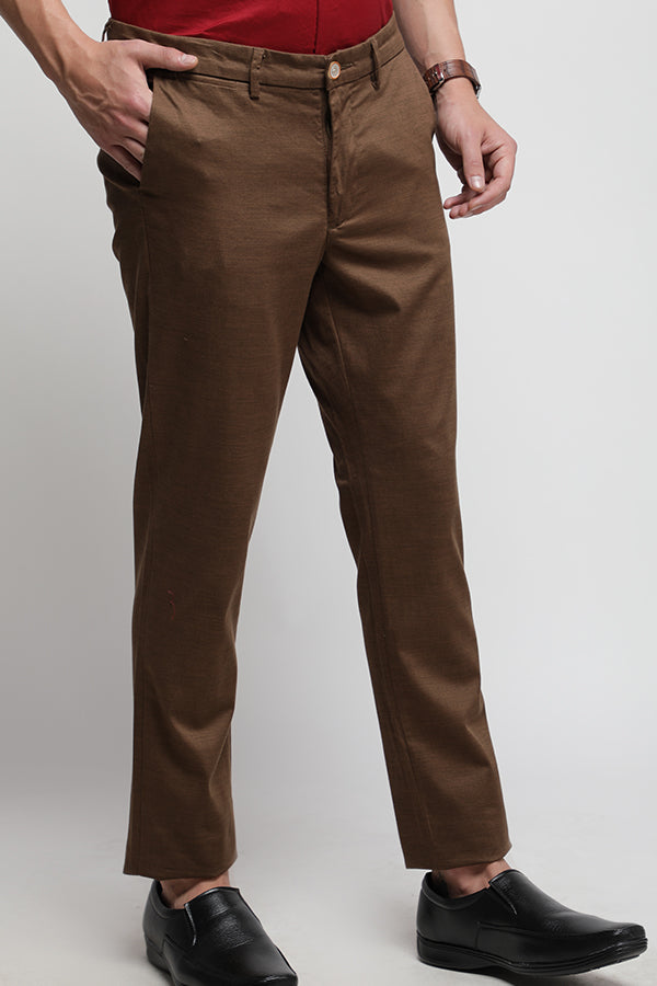 Brown Stretch Printed Textured Trouser