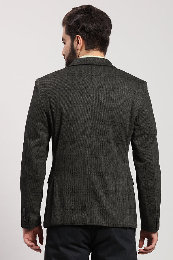 Olive Check Print Textured Knitted Blazer