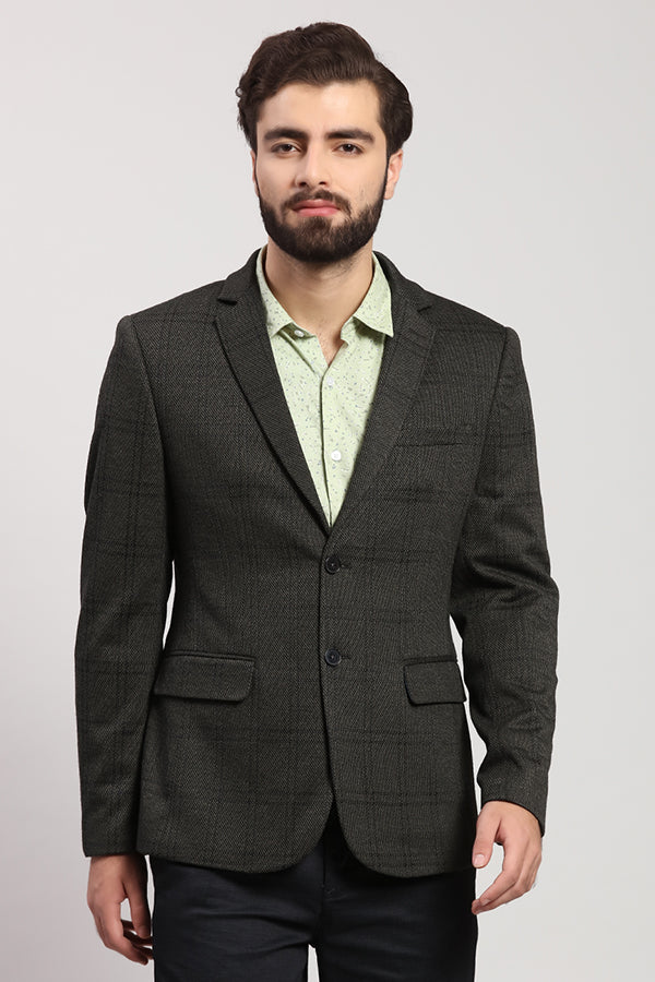 Olive Check Print Textured Knitted Blazer