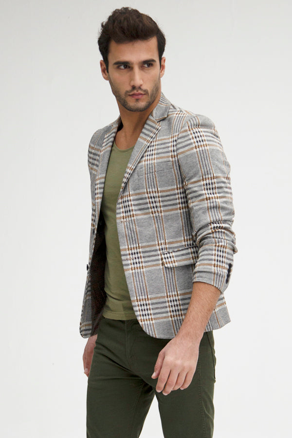 Grey Plaid Check Pattern Knitted Blazer