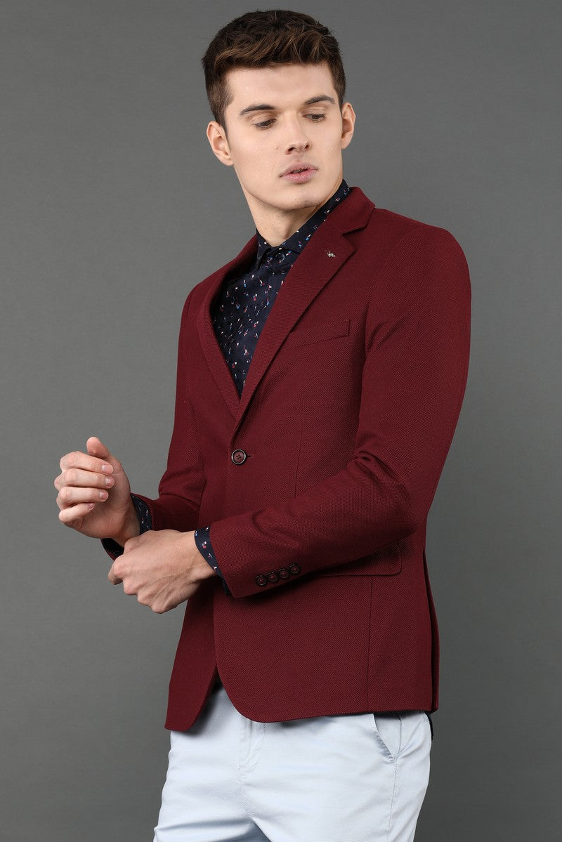 Lapel Collared Solid Maroon Knitted Blazer