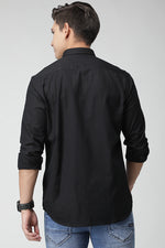 Textured Cotton Linen Black Slim Fit Shirt