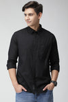 Textured Cotton Linen Black Slim Fit Shirt