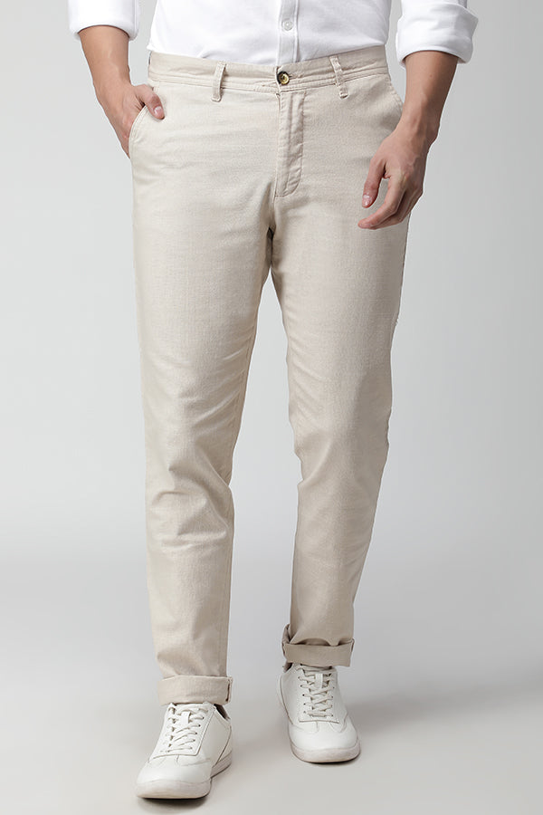 Light Beige Linen Textured Stretch Trouser