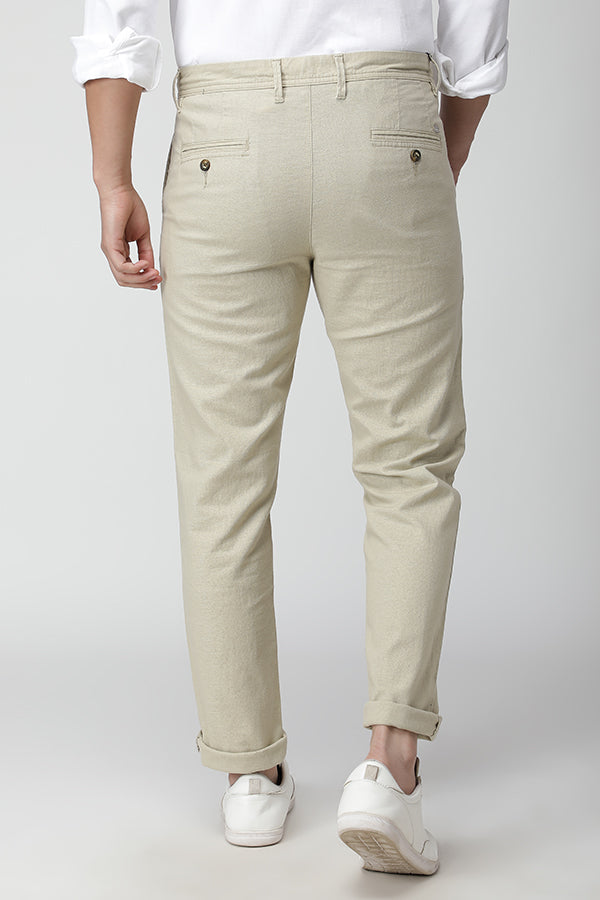 Ecru Linen Textured Stretch Trouser