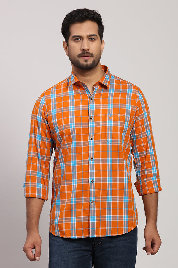 Burnt Orange Twill Multicolor Check Shirt