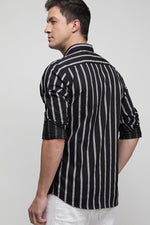Black Poplin Printed Vertical Stripe Shirt
