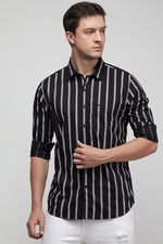 Black Poplin Printed Vertical Stripe Shirt