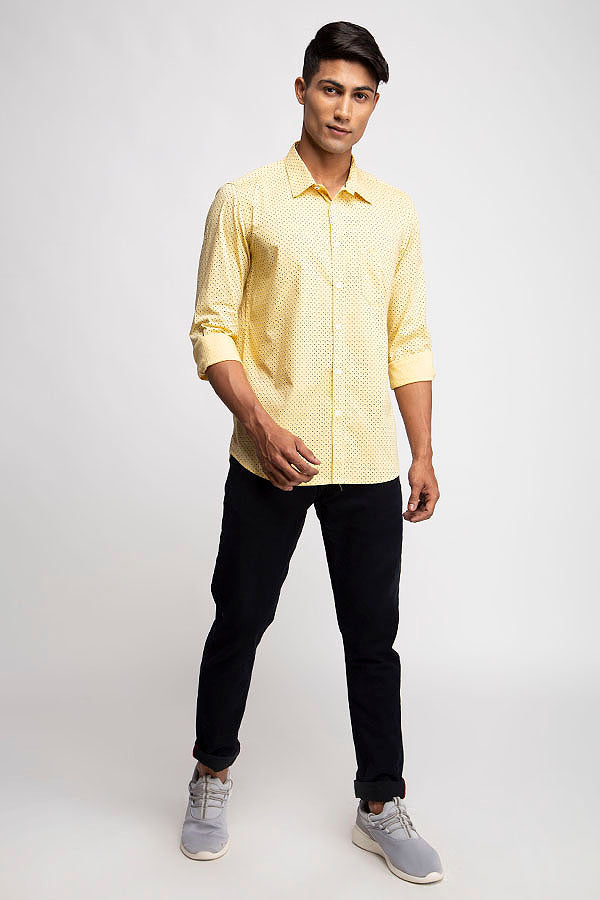 Pastel Yellow Poplin Stretch Printed Shirt