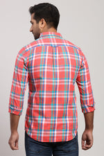 Coral Pink Twill Multicolor Check Shirt