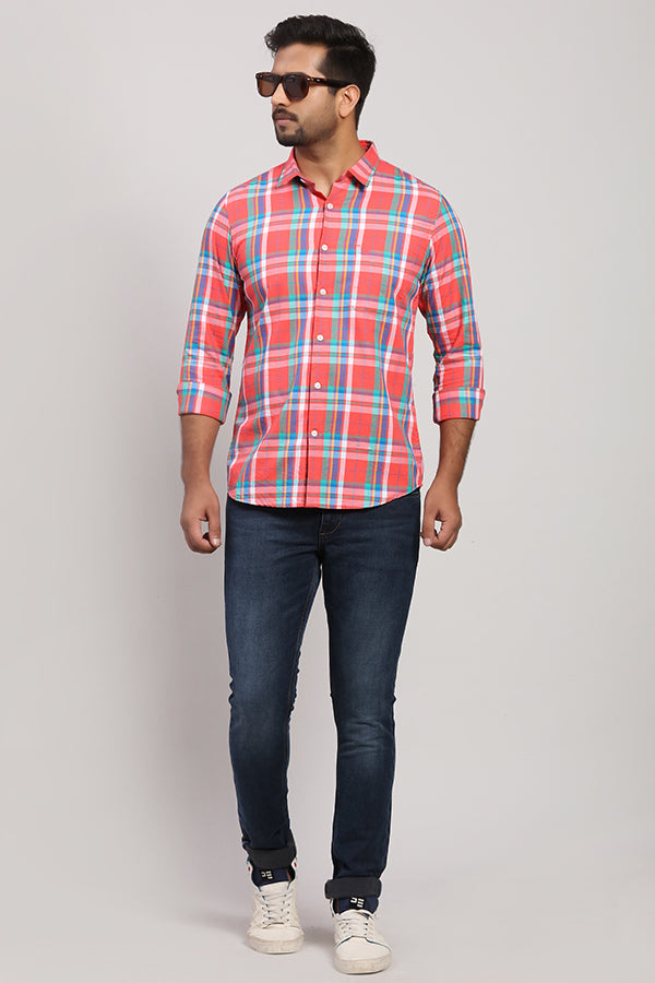 Coral Pink Twill Multicolor Check Shirt