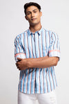 Sky Blue Stretch Multi Color Textured Printed Stripe Shirt