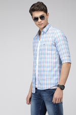 Sky Blue Slim Fit Textured Cotton Multicolor Check Shirt