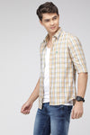 Khaki Slim Fit Textured Cotton Multicolor Check Shirt
