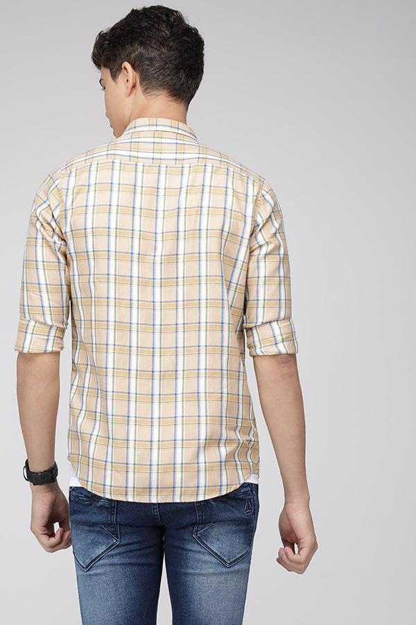 Khaki Slim Fit Textured Cotton Multicolor Check Shirt