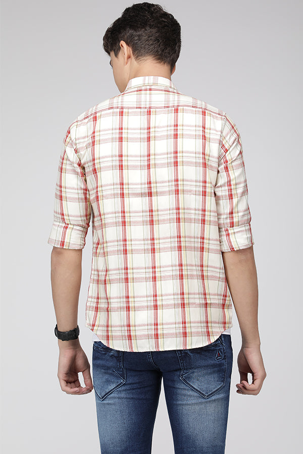 Ecru Brick Red Slim Fit Textured Cotton Multicolor Check Shirt