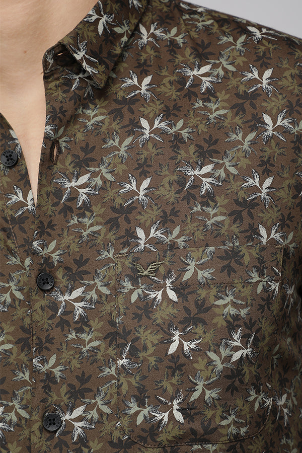 Olive Slim Fit Premium Tropical Printed Shirt