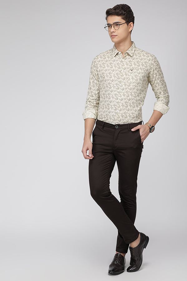 Light Khaki Slim Fit Printed Textured Cotton Shirt