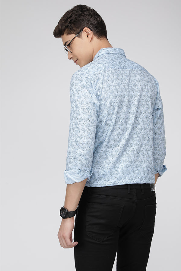 Light Blue Slim Fit Printed Textured Cotton Shirt