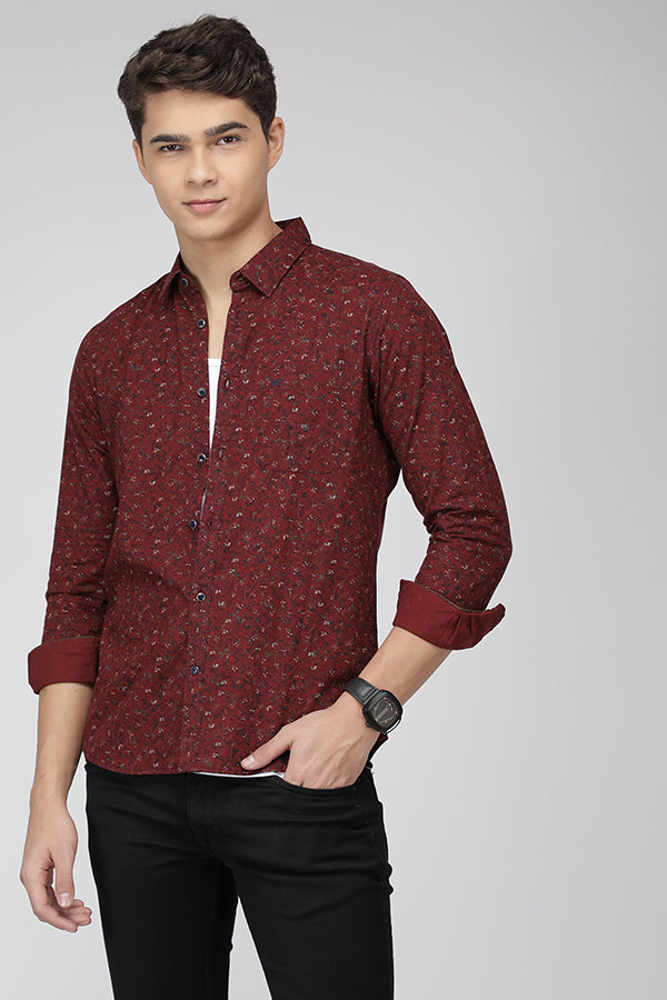 Burgundy Slim Fit Printed Textured Cotton Shirt