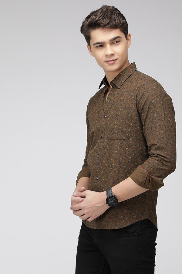 Olive Slim Fit Printed Textured Cotton Shirt
