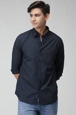 Textured Cotton Linen Navy Slim Fit Shirt