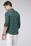 Green Slim Fit Light Weight Cotton Checks Shirt