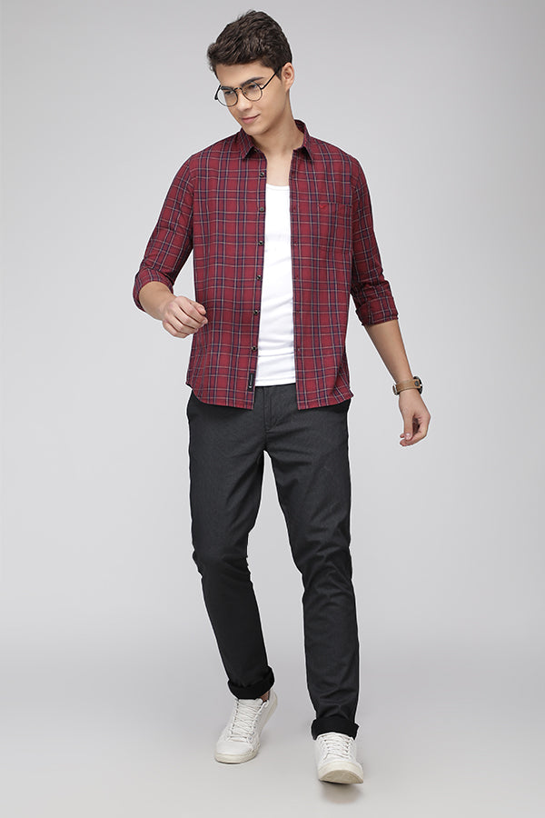 Maroon Slim Fit Indigo Textured Checks Cotton Shirt
