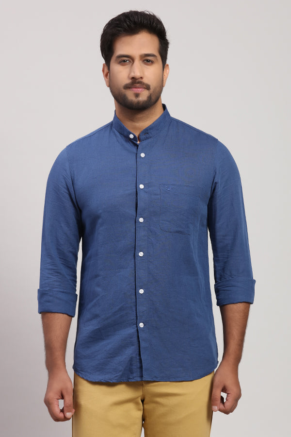 Cobalt Blue Mandarin Solid Linen Shirt