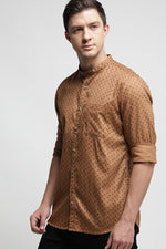 Dark Khaki Textured Printed Mandarin Shirt