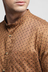 Dark Khaki Textured Printed Mandarin Shirt