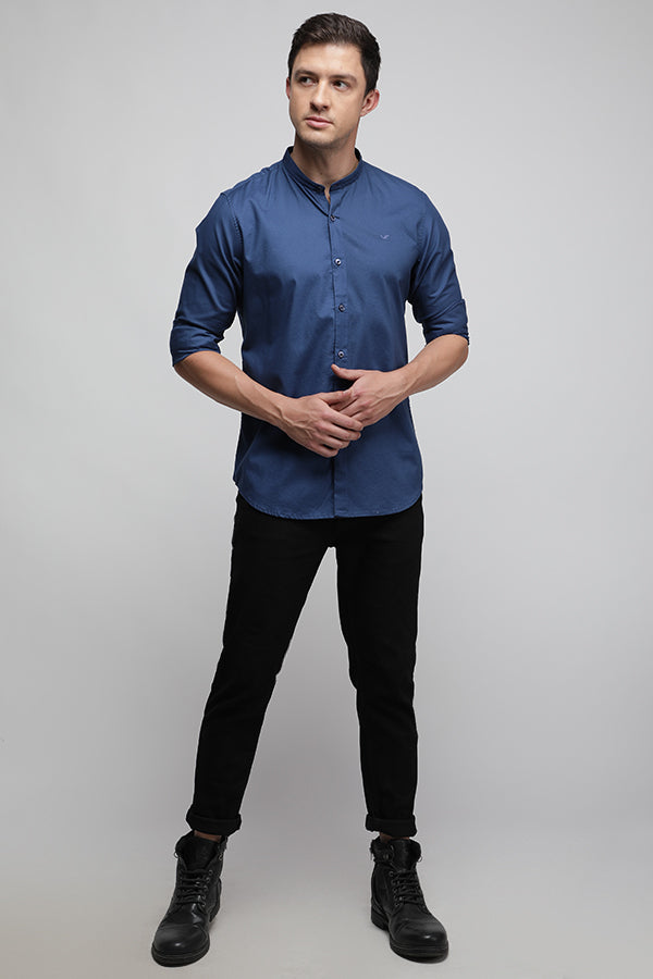 Cobalt Blue Solid Stretch Mandarin Shirt