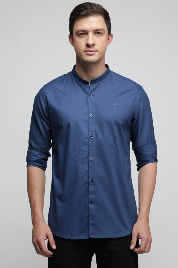 Cobalt Blue Solid Stretch Mandarin Shirt
