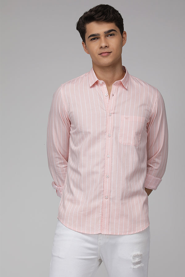 Peach Slim Fit Premium Cotton Stripe Shirt