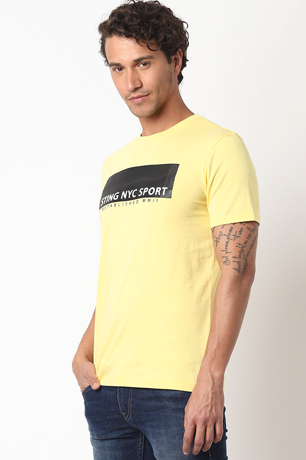Yellow Chest Printed Graphic Crew Neck Tees